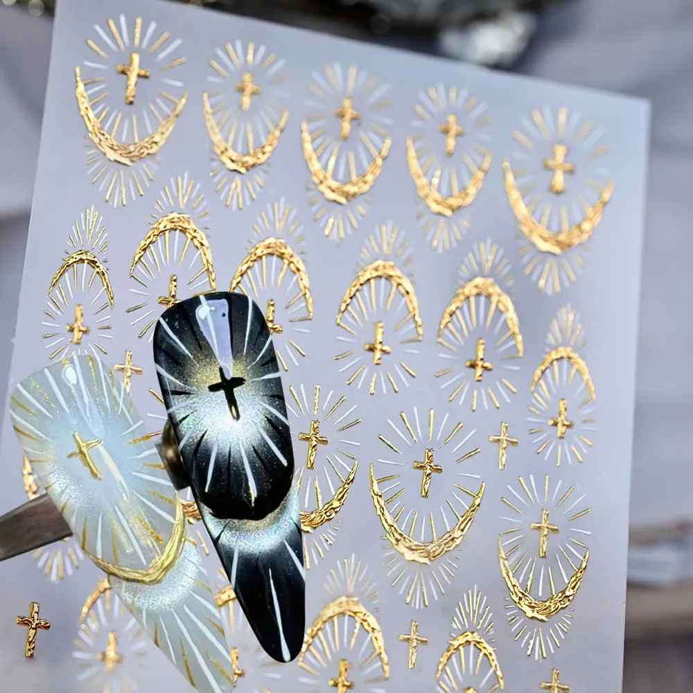 1 قطعة 5D تنقش الذهب الصليب الفرنسية مسمار ملصقات الضوء المقدس الخط الفرنسي الصليب مسمار الشارات 8*10 سنتيمتر ذاتية اللصق الصليب مسمار ديكور #1