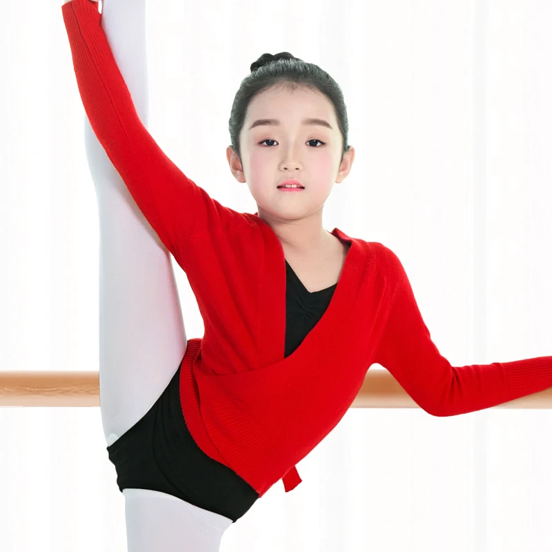 New Winter Autumn Warm Long Sleeve Waist Belt Sweater Child Girls Kids Ballet Dance Wrap Cross Tops