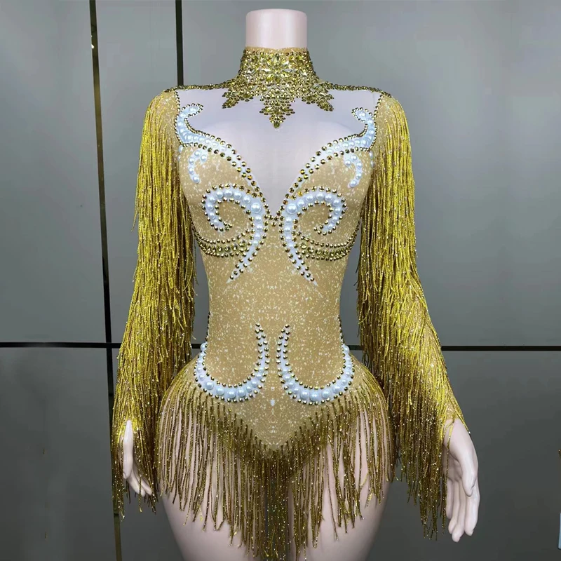 9 Colors Fringed Sleeves Rhinestones Bodysuit Women Party Stretch Clothing Drag Queen Costume Stage Dj Ds Festival Outfit XS6947