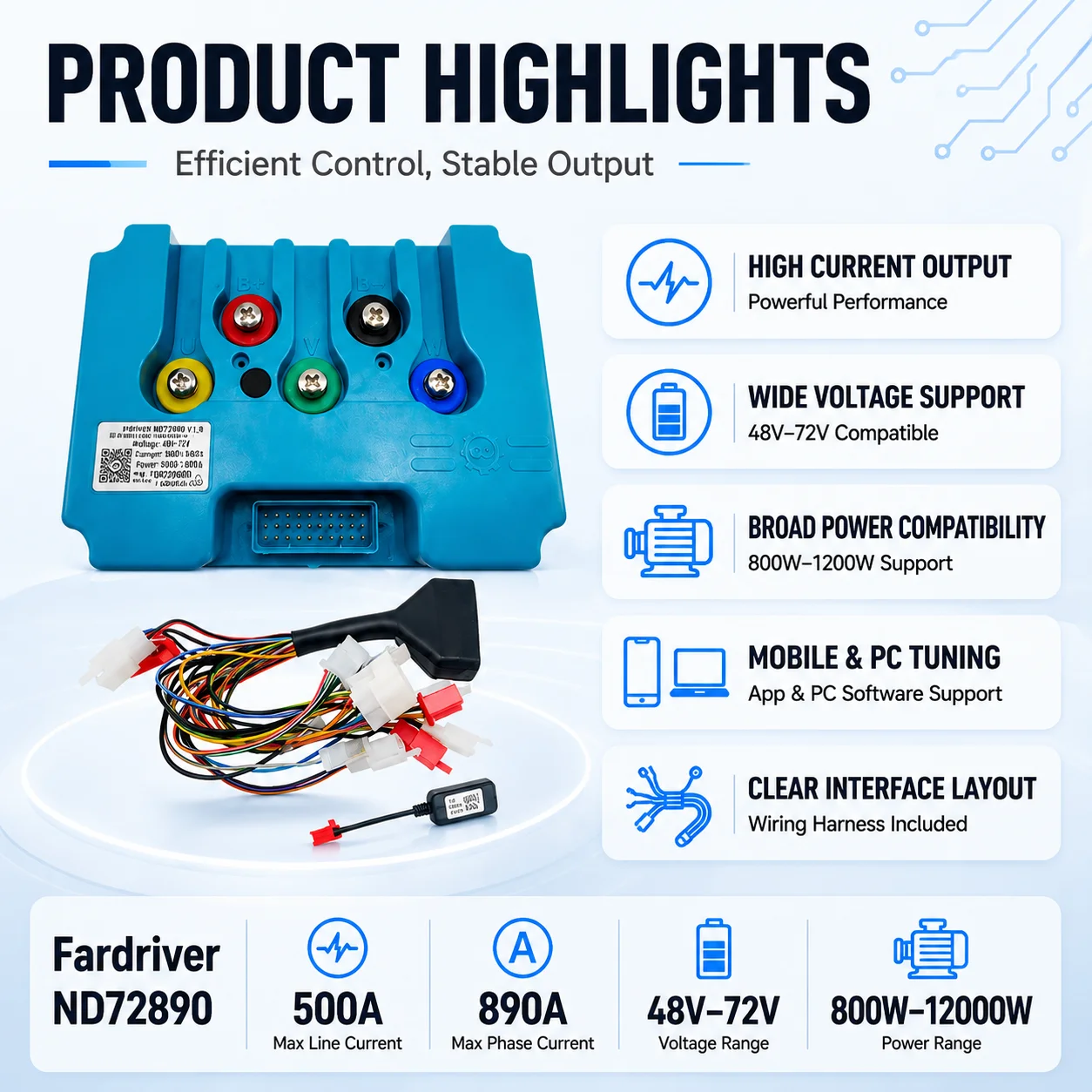 Kabin Fardriver Electric Vehicle ND72890 Sine Wave Controller 500A/890A 72V Electric Motorcycle Mid Drive 800w-12000w