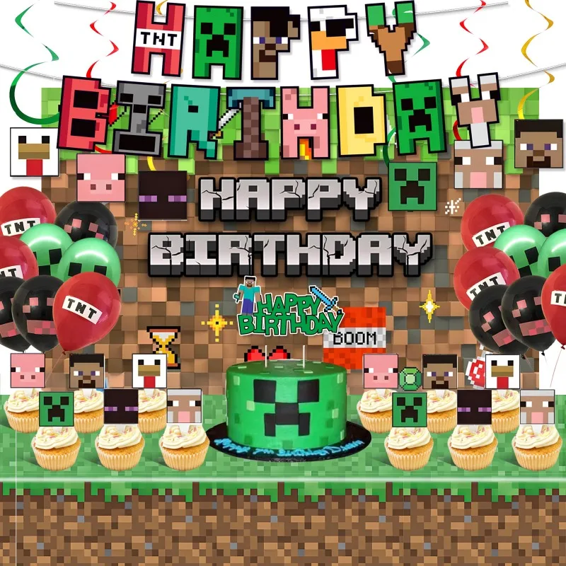

Hot Game New Minecrafts Birthday Party Dinnerware Disposable Banner Cake Topper Hanging Flag Balloons Birthday Decoration Gifts