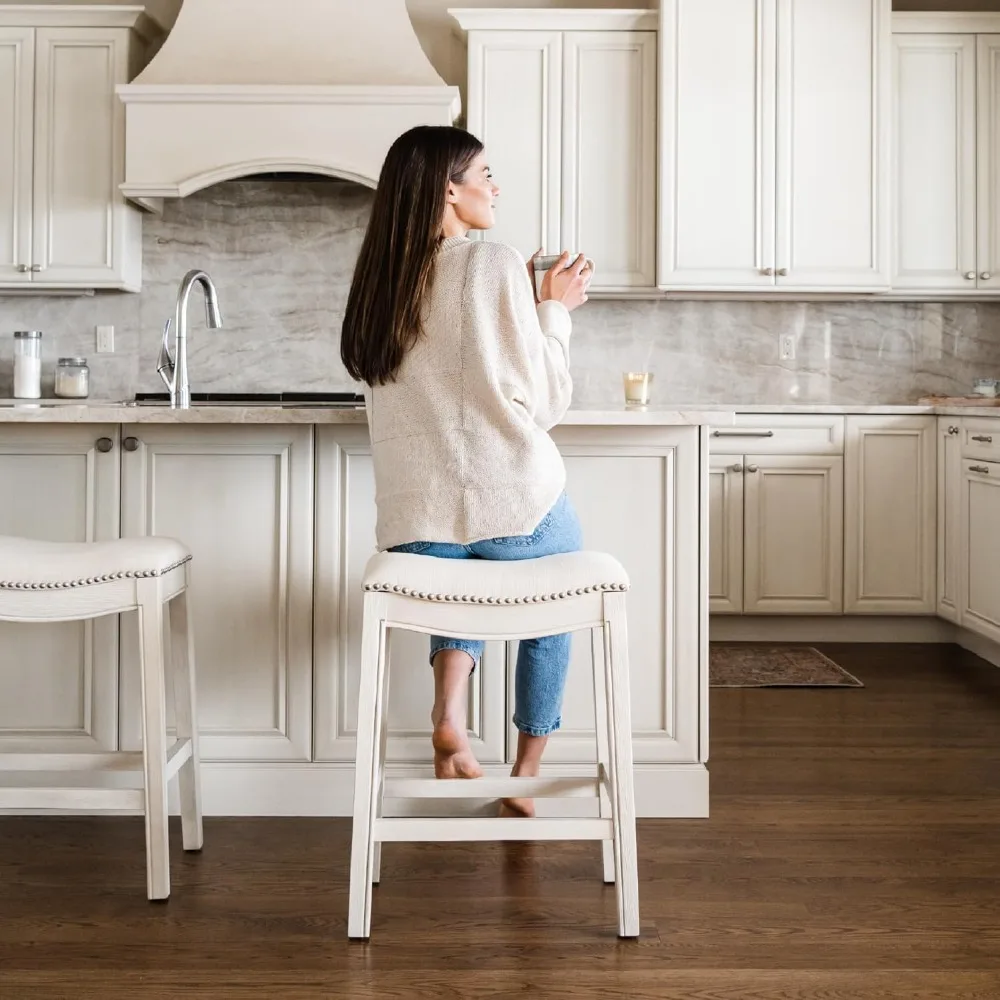 

Барный стул Adrien без спинки – 26 дюймов – Стул-седло с подставкой для ног – Каркас из массива дерева кремового цвета и обивка из натуральной ткани