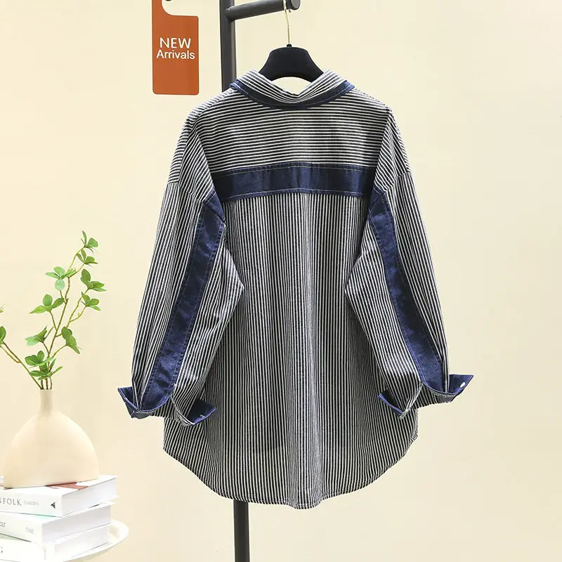 

SuperAen Denim Patchwork Fashion Striped Shirts for Women 2026 Spring New Style Korean Loose Casual Shirts
