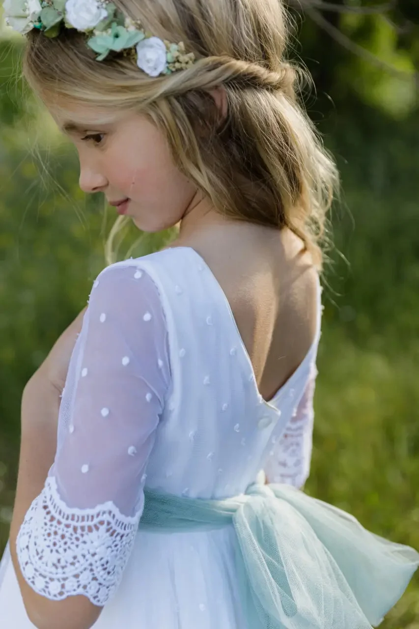 فستان فتاة الزهور ببساطة لحفلات الزفاف نصف كم مع فيونكة بطول الأرض فستان الأميرة لحفلات أعياد الميلاد وحفلات التواصل الأول