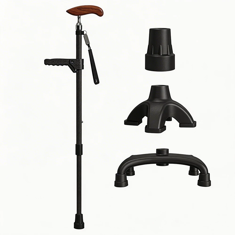 

100KG Load-Bearing 4-Section Foldable Carbon Fiber Elderly Ultra-Light 10-Level Extendable Anti-Slip Cane Wood Grip Adjustable