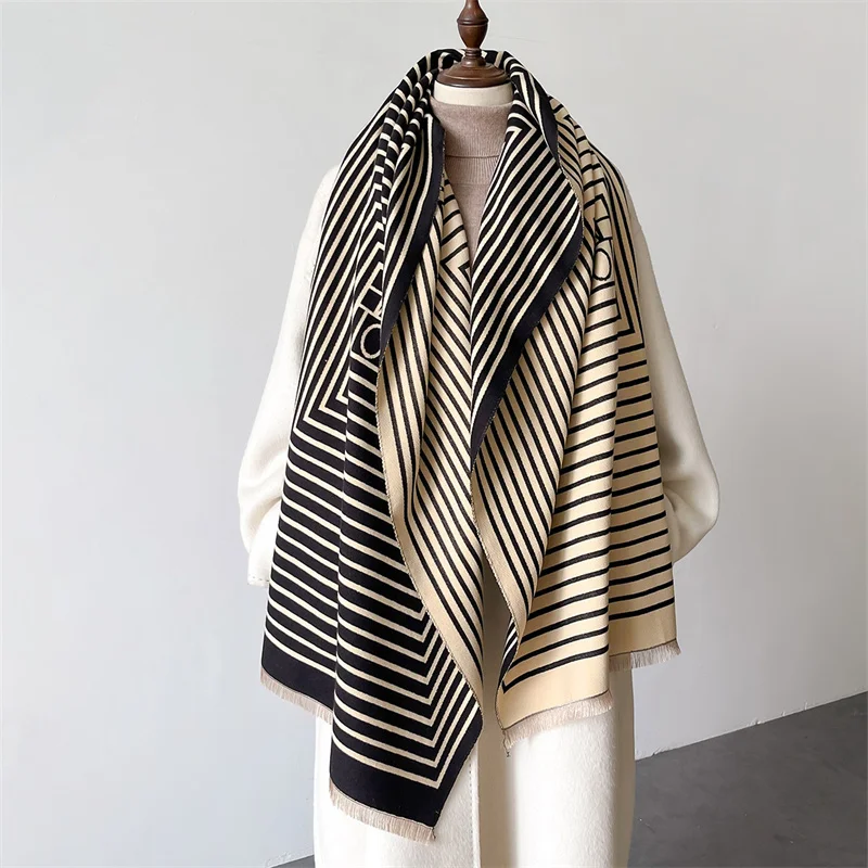 2024 Luxury Women Cashmere Winter Scarf Stripe Print Female Foulard Pashmina Large Double-sided Thick Warm Shawl Blanket Wraps