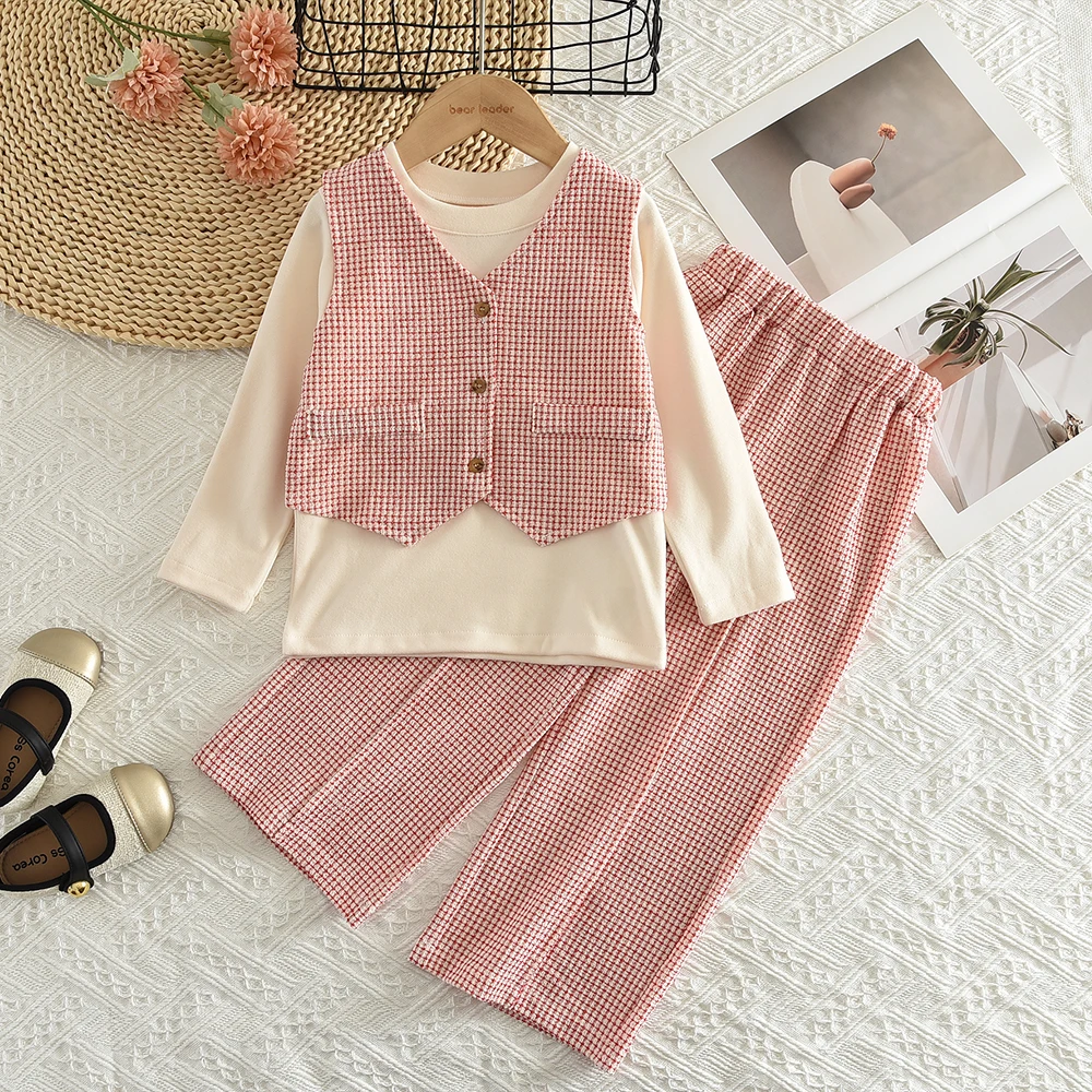 Autumn New Children's Three Piece Set Korean Version Girls' Clothing Red Checkered Printed Vest + Long Sleeved Top + Pants
