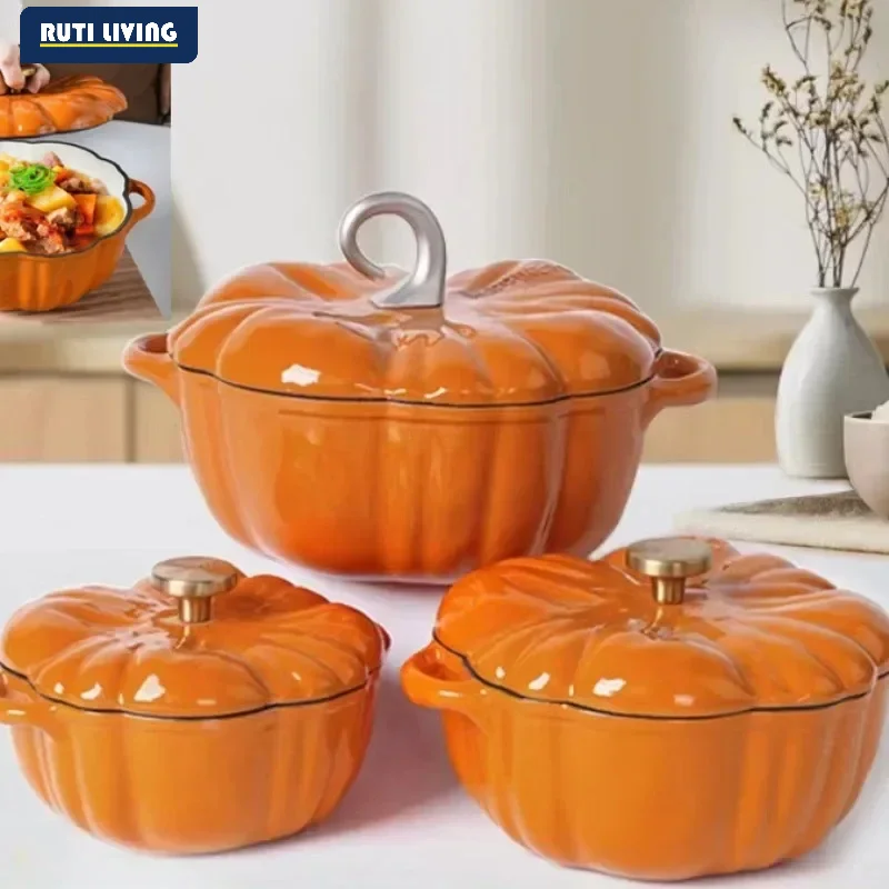 3.7L Enamel Coated Cookware Pumpkin Enameled Cast Iron Cooking Pot NonStick Enamel Pot Casserole Dish 12inch for All Heat Source