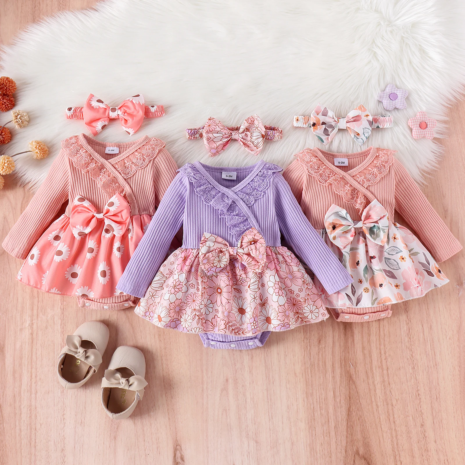 2PCS Autumn Girls Aged 0-1 Are Sweet And Cute, Multi-Color Long-Sleeved Lace Collar One-Piece Skirt + Hair Band