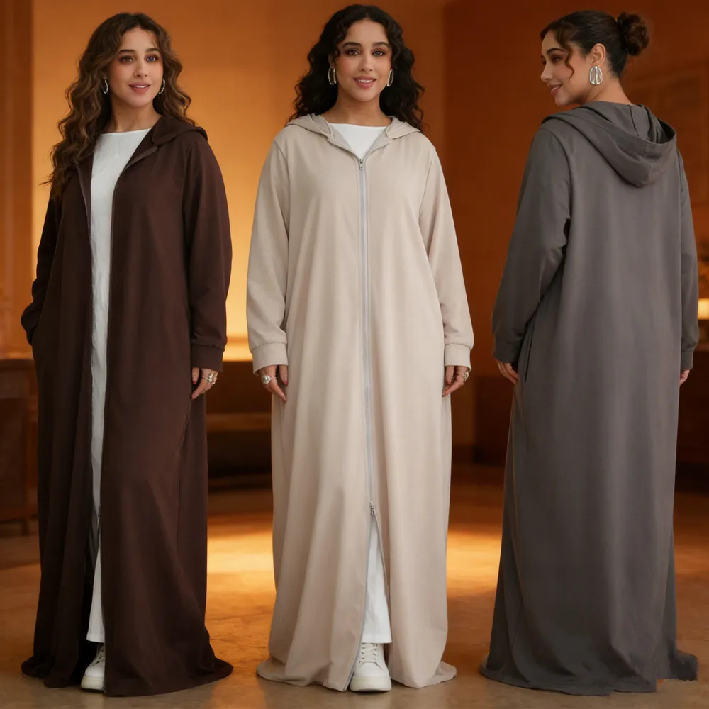 

Fashion Women Zipper Front Muslim Dress Dubai Abaya Hooded Robe Eid Djellaba Ramadan Islam Clothing Caftan Marocain Femme Gown