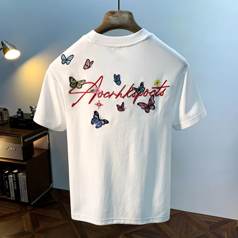 Men's 2026 Summer New Butterfly Embroidery Printed T-Shirt Loose Versatile Casual Daily Couple