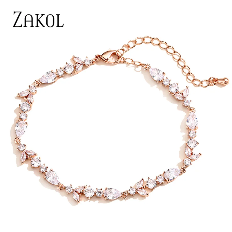 ZAKOL Fashion Leaf Bridal Bracelets for Women Shinny Cubic Zirconia Adjustable Chain Charm Bracelet Party Wedding Jewelry BP5034