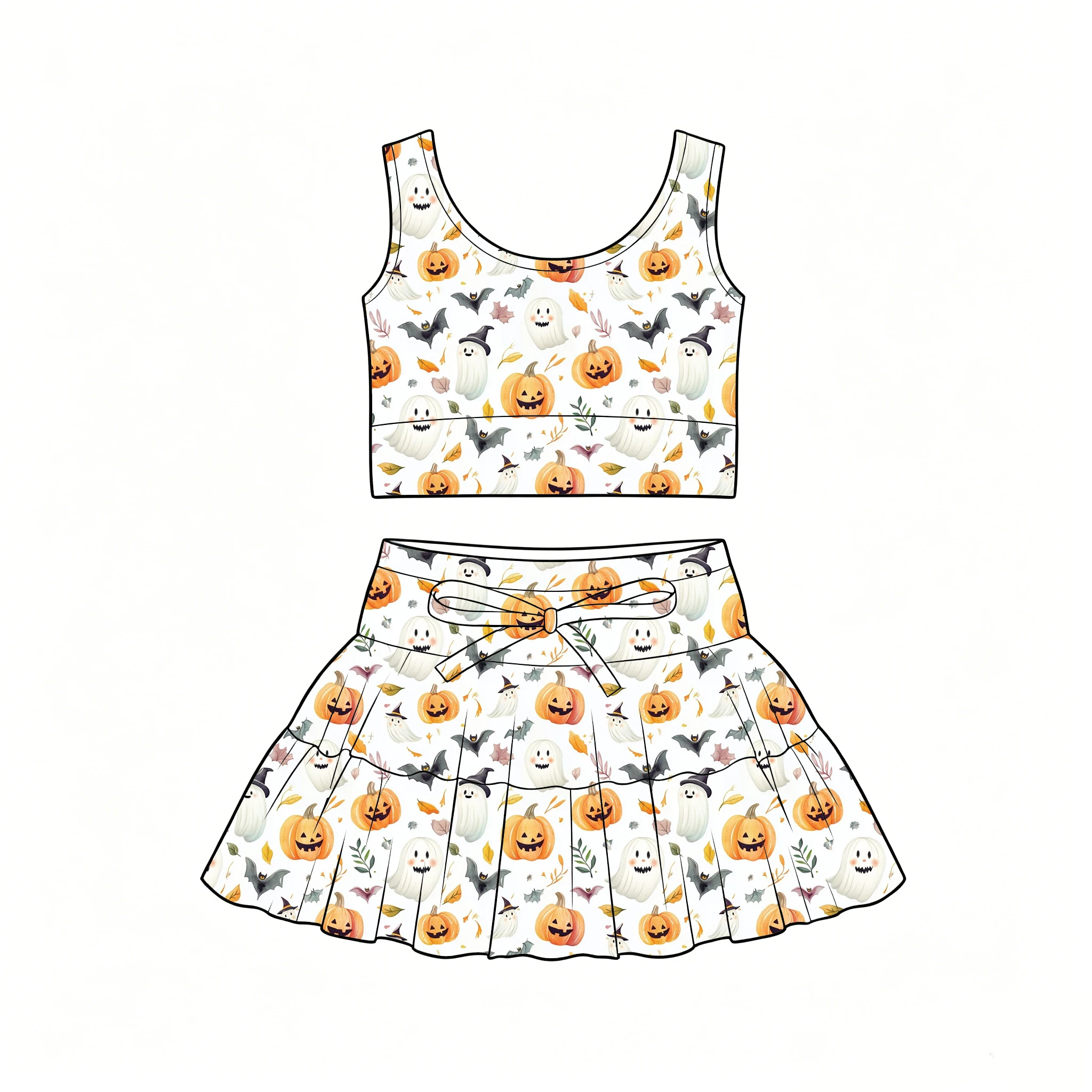 Hot-selling girls' outfit camisole top paired tie-up pleated short skirt and halloween pumpkins and ghosts print custom wholesal