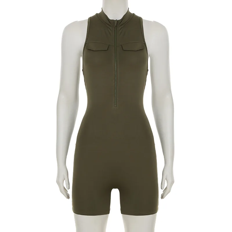 女性ソリッドスリムカーゴロンパースハーフハイカラーノースリーブジッパーポケットスキニーフィットネスショーツロンパースカジュアルストリートオーバーオール