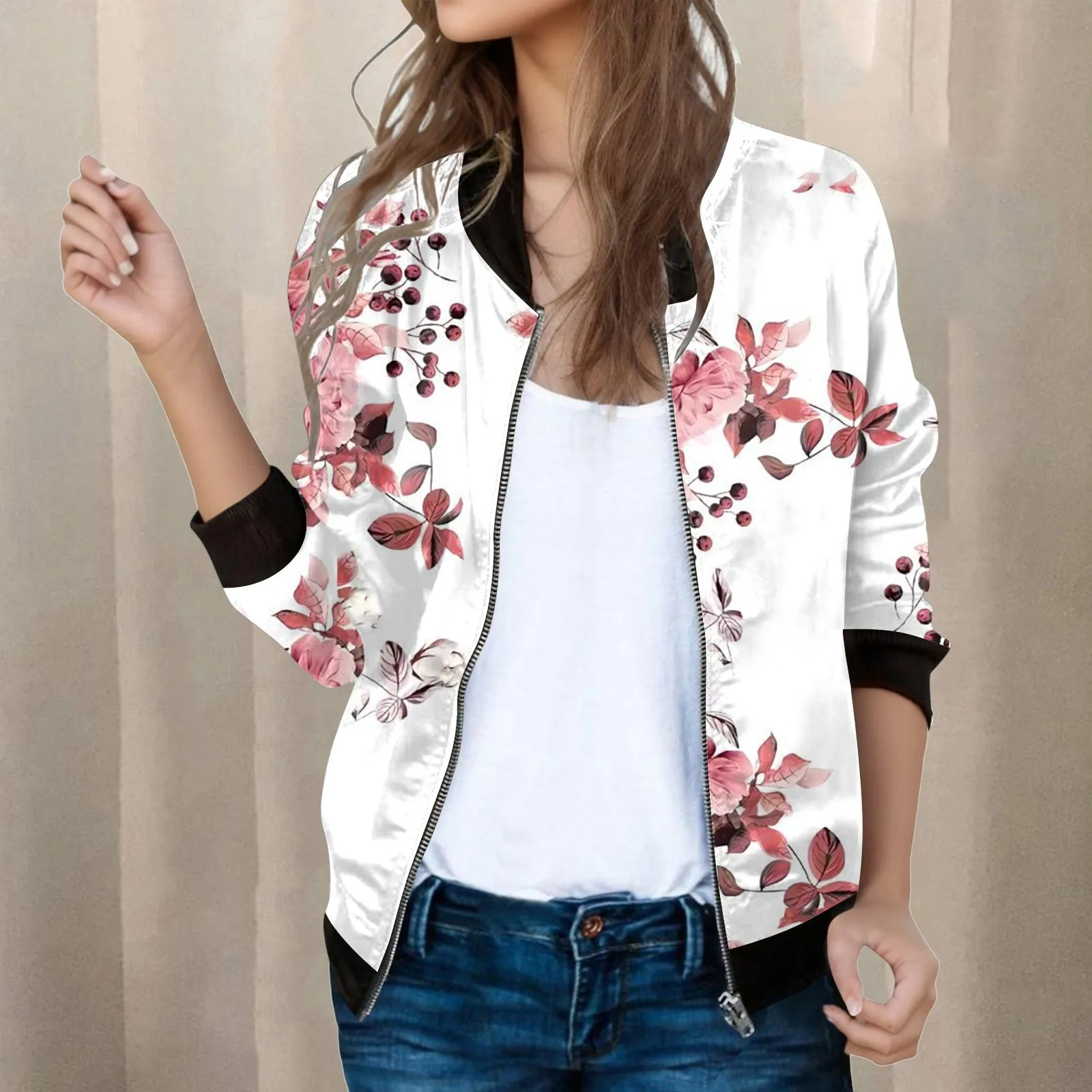 

Women Floral Printed Jackets Casual Spring Autumn Zipper Short Sports Outwear Female Coat Streetwear Zipper Tops Baseball Jacket