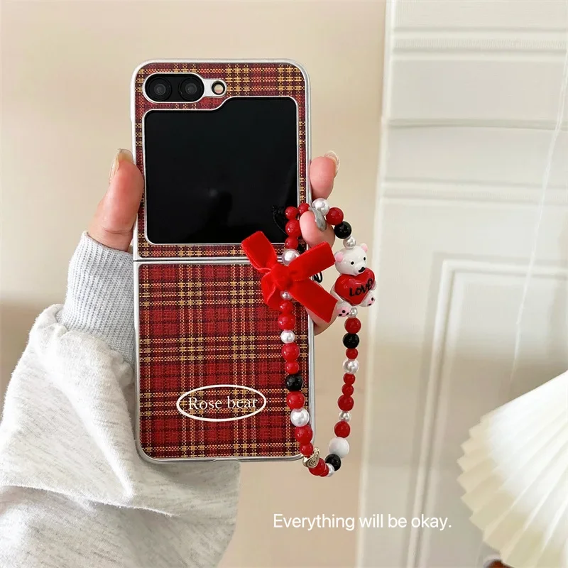 삼성 갤럭시 Z 플립 6 5 4 3 용 빨간색 격자 무늬 휴대폰 케이스, 보호 후면 커버, ZFlip4 ZFlip5 ZFlip6 케이스