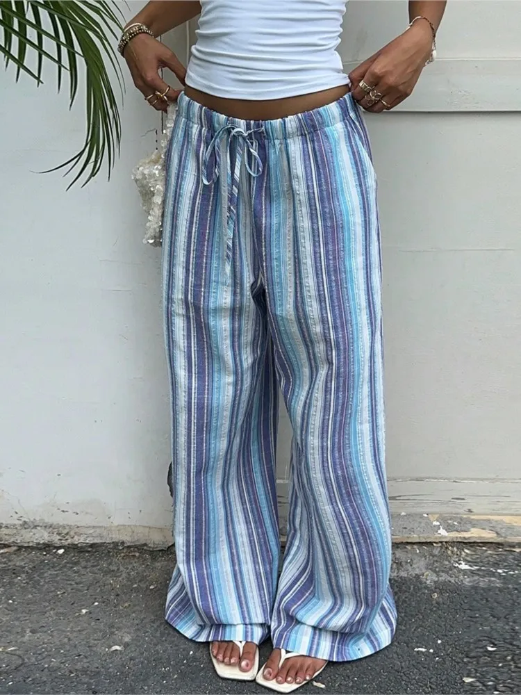 

2025 Autumn New Casual Loose Striped Casual Pants Women Simple Style All-match Commuting Comfortable Trendy Fashion Leace-up