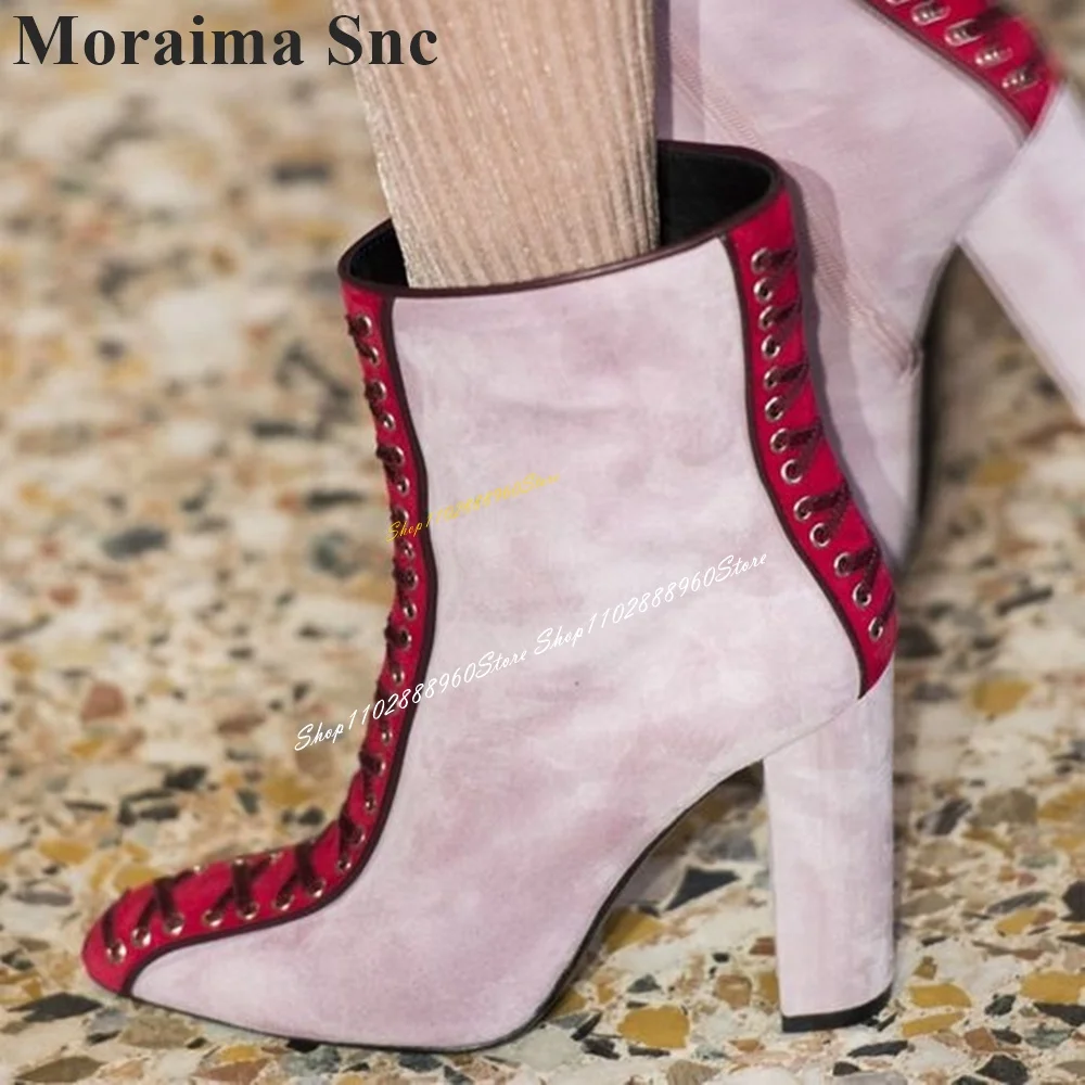 Mixed Color Flock Splicing Cross Tied Ankle Boots Chunky High Heel Women Shoes Side Zipper Pointed Toe 2024 Zapatos Para Mujere