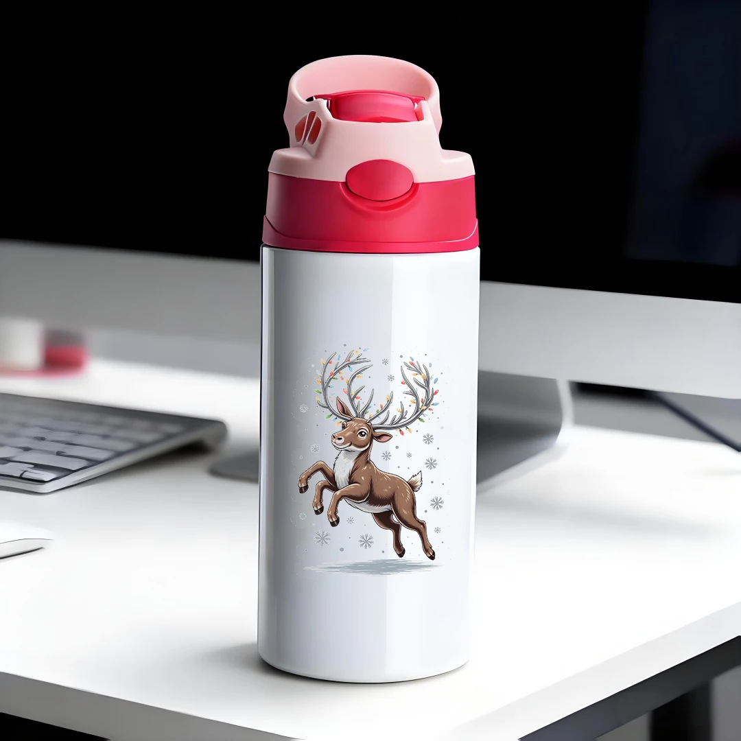 

304 stainless steel thermal cup + cartoon deer antler Christmas light straw cup cute and warm children's cup Christmas gift