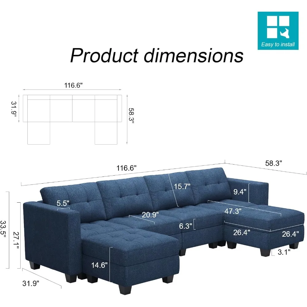 Modular U-shaped modular sofa with double chaise longue Modular sofa set with ottoman fabric blue