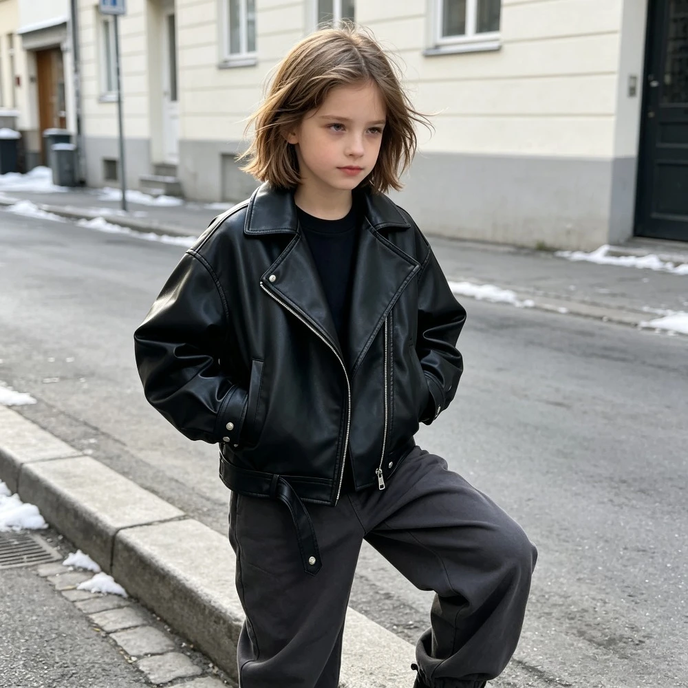 Kids PU Leather Jacket Moto Biker Coat Asymmetrical Zipper Belted Lapel Collar Boys Girls Trendy Streetwear Outwear Spring Fall