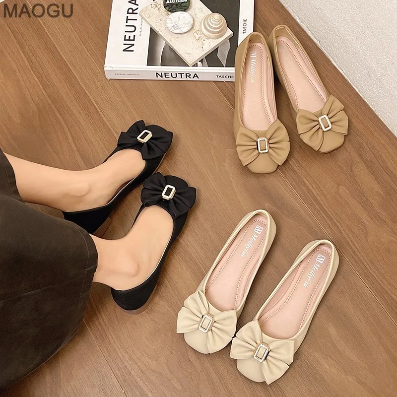 French Flats Damen-Pumps mit klobigem, niedrigem Absatz und weicher Sohle, vielseitige Schleife, lässige Mokassins für Damen, bequeme Schuhe, Slip-on-Schuhe