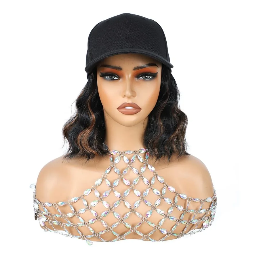 6 بوصة قصيرة موجة قبعة بيسبول الباروكات للنساء مع وصلات شعر مجعد الاصطناعية موجة شعر مستعار قابل للتعديل قبعة مع الشعر المرفقة fo