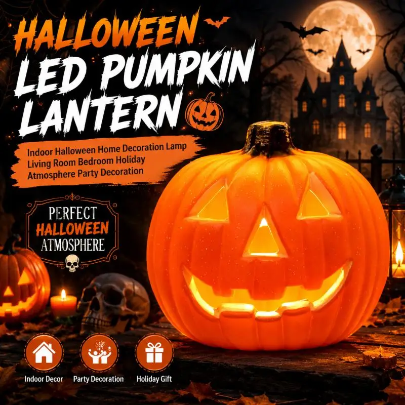 Halloween Pumpkin Lantern LED Jack-o-Lantern Tabletop Lamp with Smiling Face for Living Room Bedroom Party Decoration