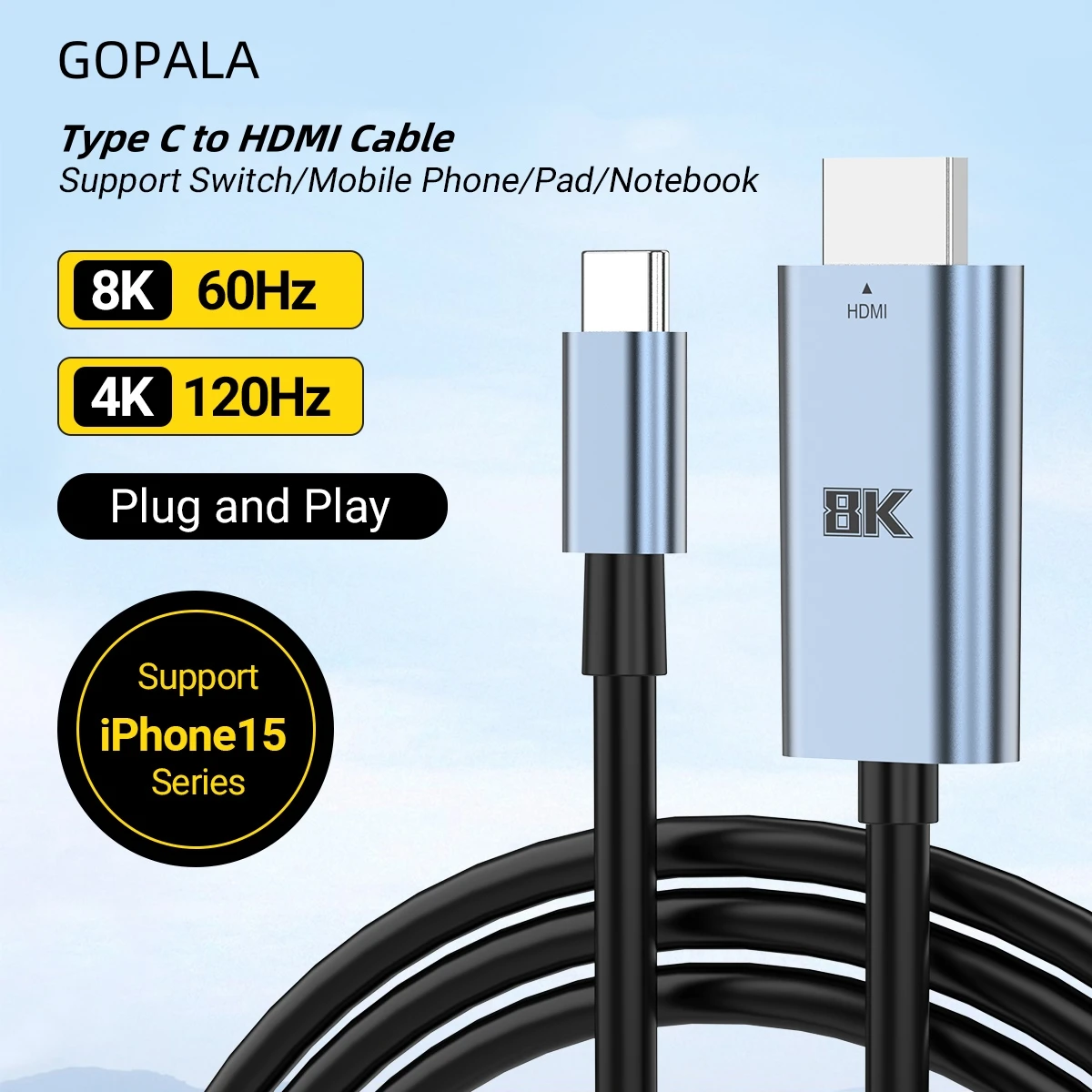 Type C to HDMI Cable 8k@60Hz 4K@120Hz USB C to HDMI-Compatible HDTV Cable Adapter for TV Converter MacBook iPad iPhone Samsung