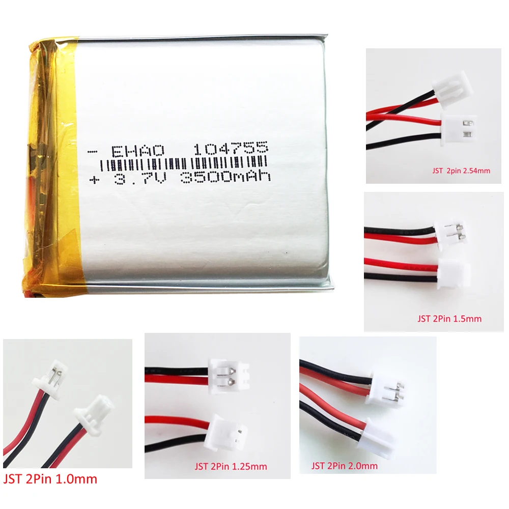 Baterai Isi Ulang LiPo 3.7V 3500MAh 104755 + JST 2pin Plug untuk GPS Power Bank Tablet PC Speaker Laptop Ponsel DVD PAD
