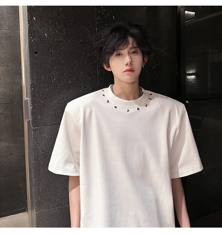 2025 Summer New American Retro Rivet Short Sleeve T-Shirt Men's Fashion Trend High-End Casual Loose Half Sleeve Top