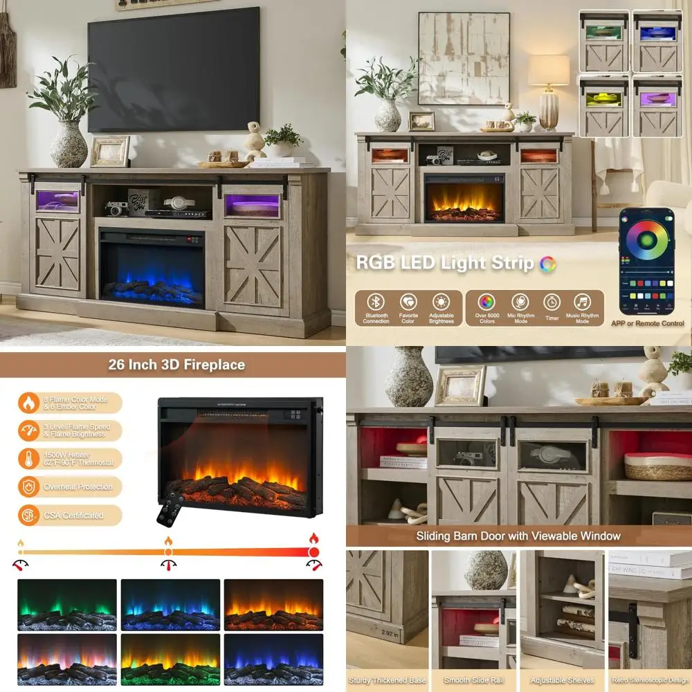 Centro de entretenimiento con chimenea eléctrica para televisores de 80 pulgadas, mesa consola de TV estilo granja de 32 altos