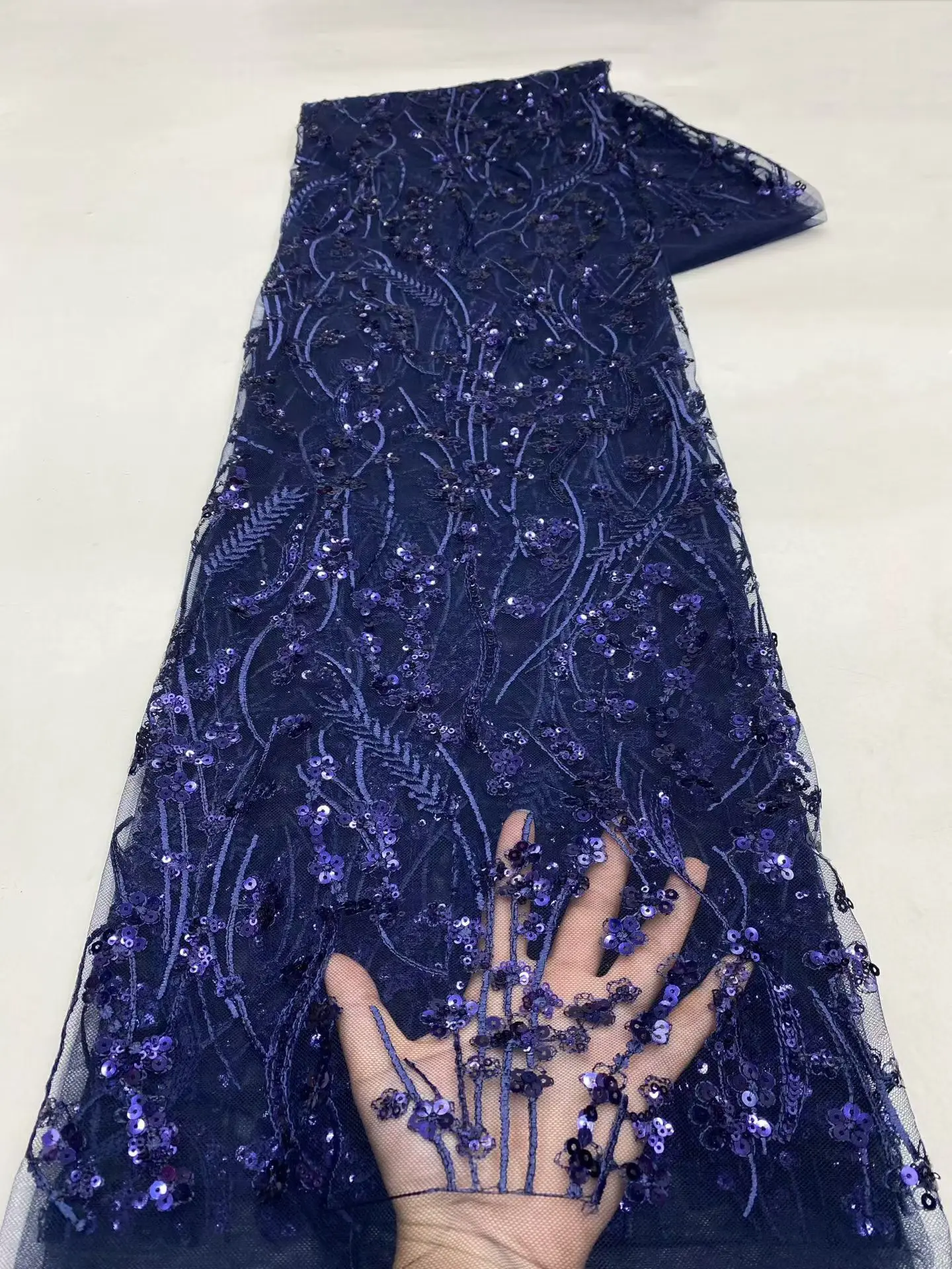 

2026 New Arrival Navy Blue Sequins African Lace Fabric With Beads French Lace Fabric With Sequins For Women Party Dress KXX26135