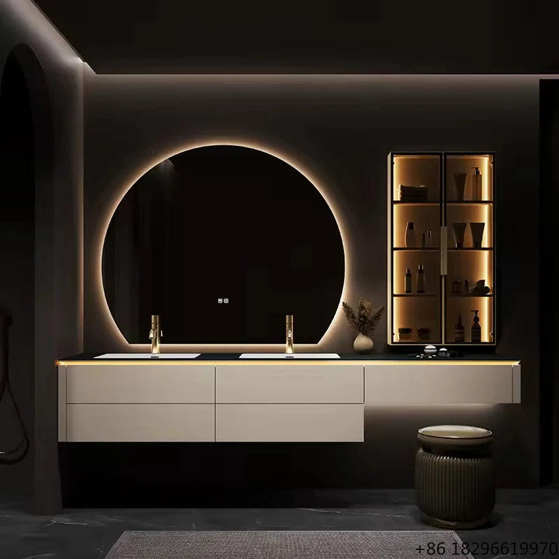 French Vintage Elegant Floating Bathroom Vanity LED Mirror Cabinet Double Sink Modern Furniture For Home Hotel Bathroom