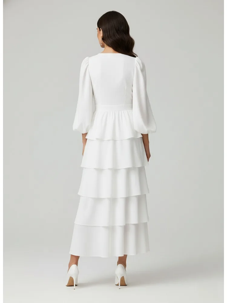 Freeacy feminino sólido branco em camadas plissado vestido com decote em v mangas compridas puff cintura alta vestido plissado 2025 moda vestidos de festa