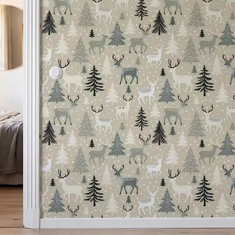 Scandinavian Winter Wallpaper Peel and Stick,Reindeer & Pine Tree Wall Mural,Grey & White Woodland Decor,Self Adhesive/Tradition