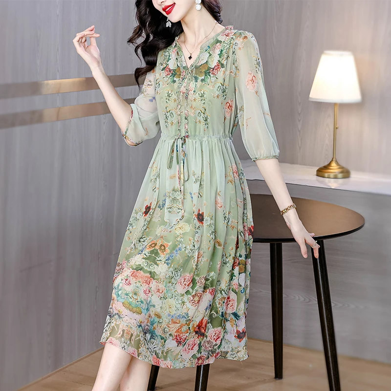 

Natural Silk Women Dress Long Sleeved Elegant Print A-LINE Dresses Summer Chic For Women Office Vestido 2024