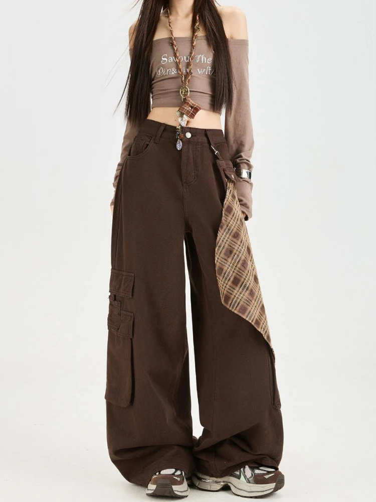 Retro Maillard brown fart curtain Y2k vintage cargo jeans for women autumn 2025 new loose personality street trousers