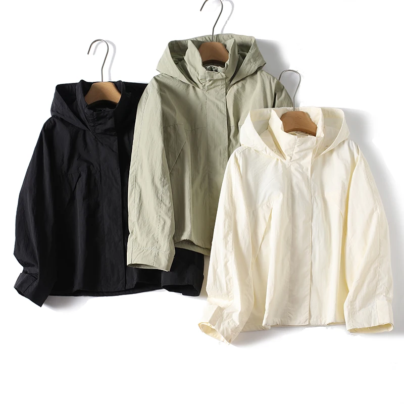 

Весна 2026: Женская повседневная свободная куртка с капюшоном, воротником-стойкой, ветрозащитная, из полиэфирного волокна, с длинными рукавами, на молнии, короткое пальто