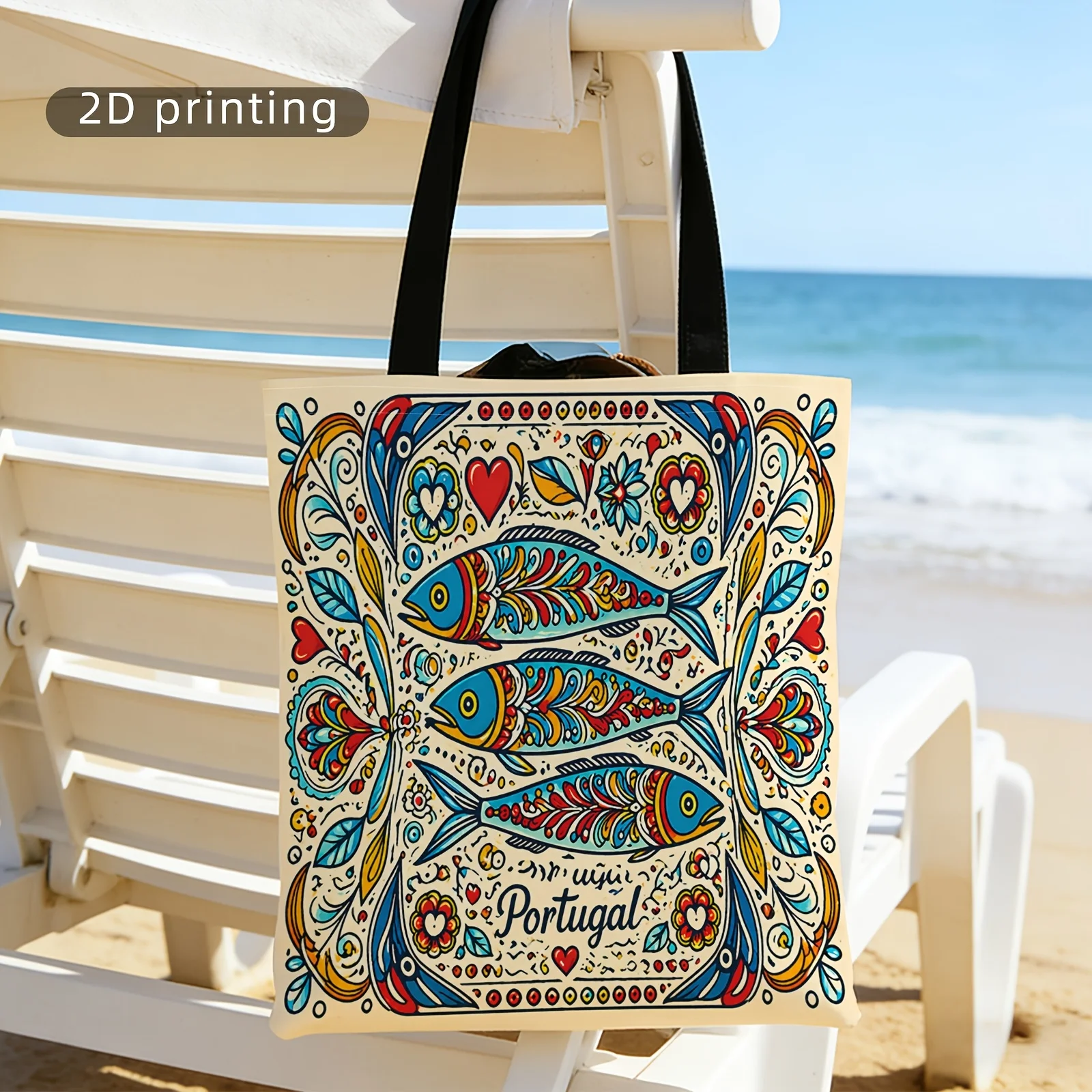 Large Capacity Shopping Bag Multi Purpose Package Hand Painted Portuguese Fish Pattern Portugal Slogan Women S Shoulder Bag