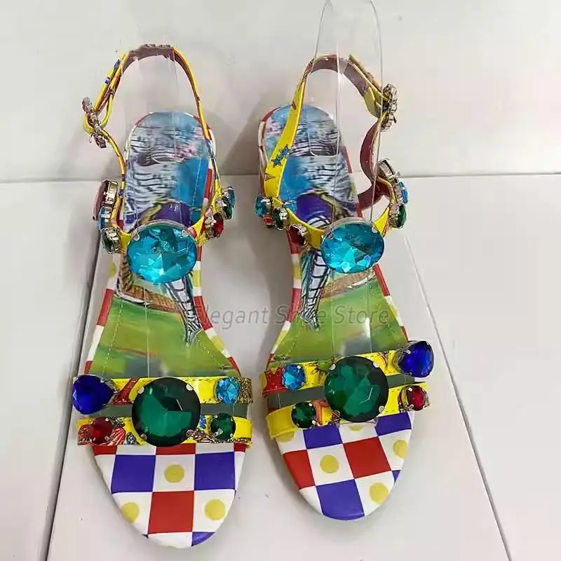 Gemstone Rhinestone Women Sandals Bohemian Open Toe Chunky Heel Ankle Strap High Heels Summer Luxury Party Banquet Dress Shoes