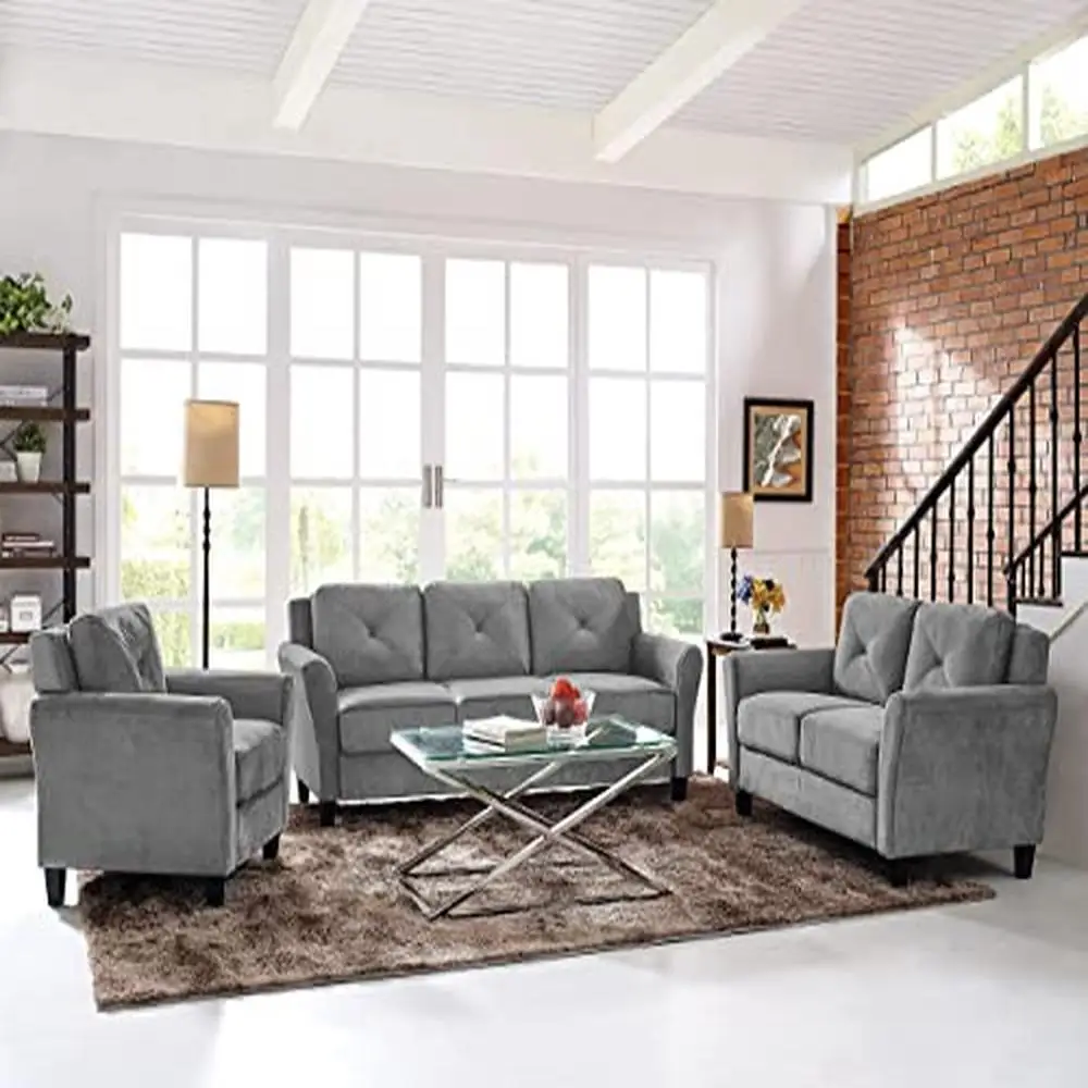 Modern Chic Harrington Button Tufted Sofa Set Easy Assembly Soft Plush Cushions Movie Lounge Grey Home Décor Relax Cozy TV Time