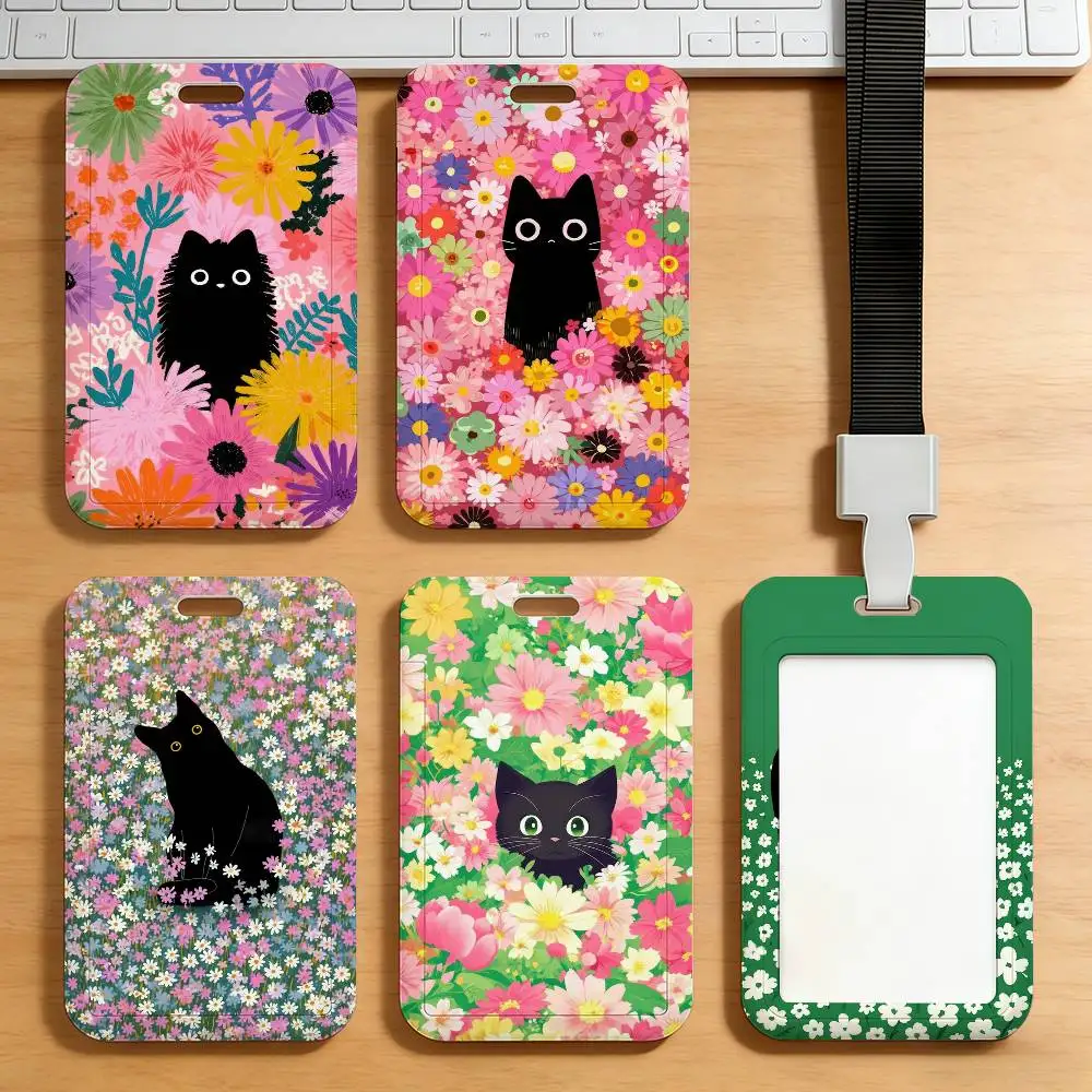 Kartenetui mit schwarzer Katze und Blumen, Kartenetui für Studenten, Campus, Essenskarten, öffentlicher Nahverkehr, U-Bahn