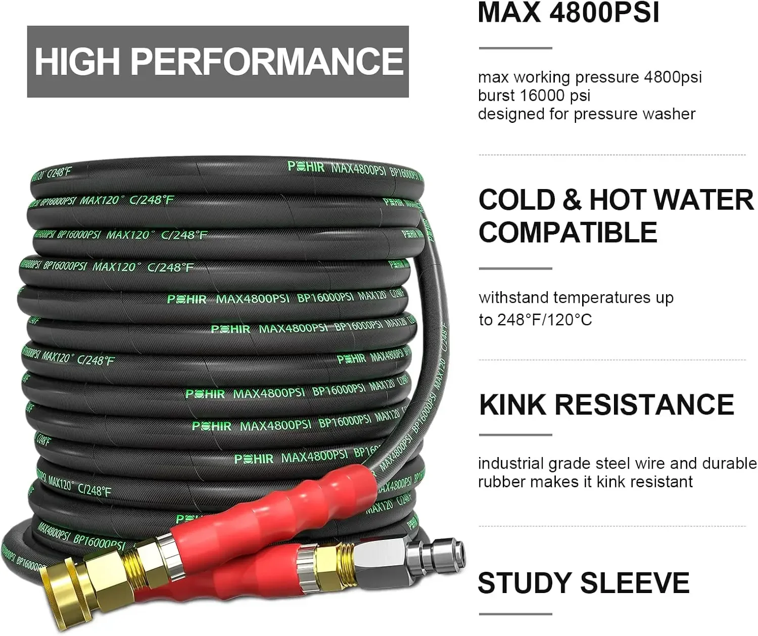 Pressure Washer Hose 70 FT×3/8 Inch 4800psi for Cold and Hot Water Max 248°F With 3/8 Inch Quick Connect Kink Resistant High Ten