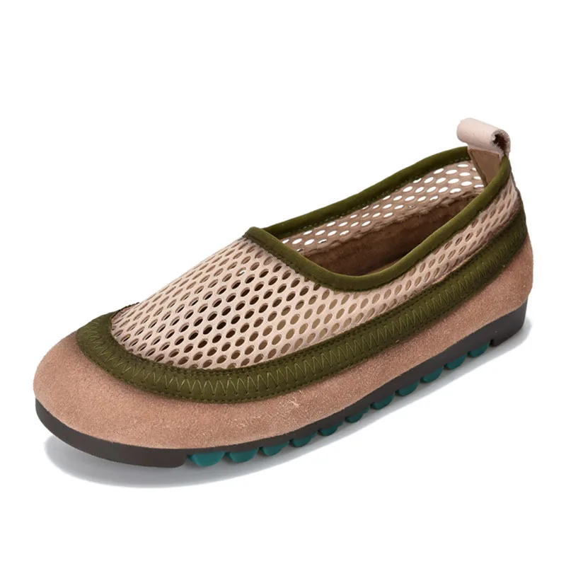 DRKANOL Summer Flat Shoes Women Handmade Sewing Cow Suede Air Mesh Breathable Slip On Shoes Mixed Colors Cool Shoes H6710-02T