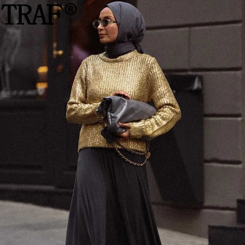 

TRAF Metallic Gold Knitted Sweater Woman Cropped Sweaters For Women Pulovers Long Sleeve Top Autumn Winter Women'S Sweater