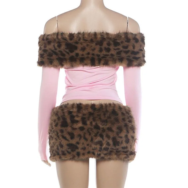 Women Furry Trim Off Shoulder 2 Piece Outfit Long Sleeve Slim Top + Leopard Faux Fur Mini Skirt Set Sweet Nightclub Christmas