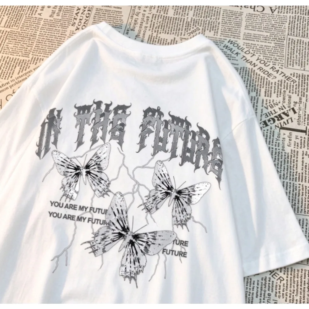 Women Oversized T-shirt Butterfly Lightning In The Future Graphic Print Round Neck Short Sleeve Summer Casual Streetwear Tops
