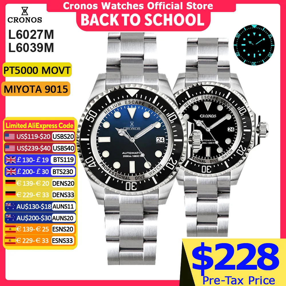 Cronos Automatic Diving Watch Stainless Steel 2000 Meters Water Resistance Professional Diver PT5000 SW200 L6027M