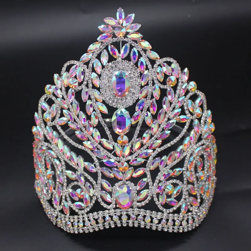 Extra Large Adjustable AB Color Hair Crown Miss Universe Champion Coronation Headpiece for Queen Stage Walk Accessories